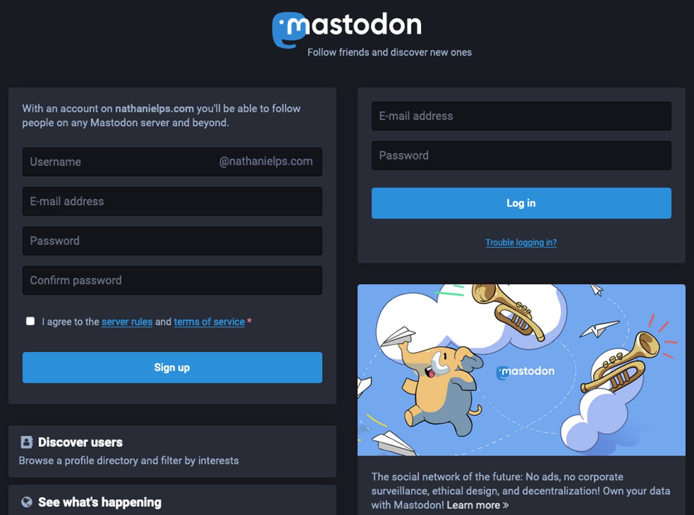 Mastodon login/sign-up page Mastodon login/sign-up page