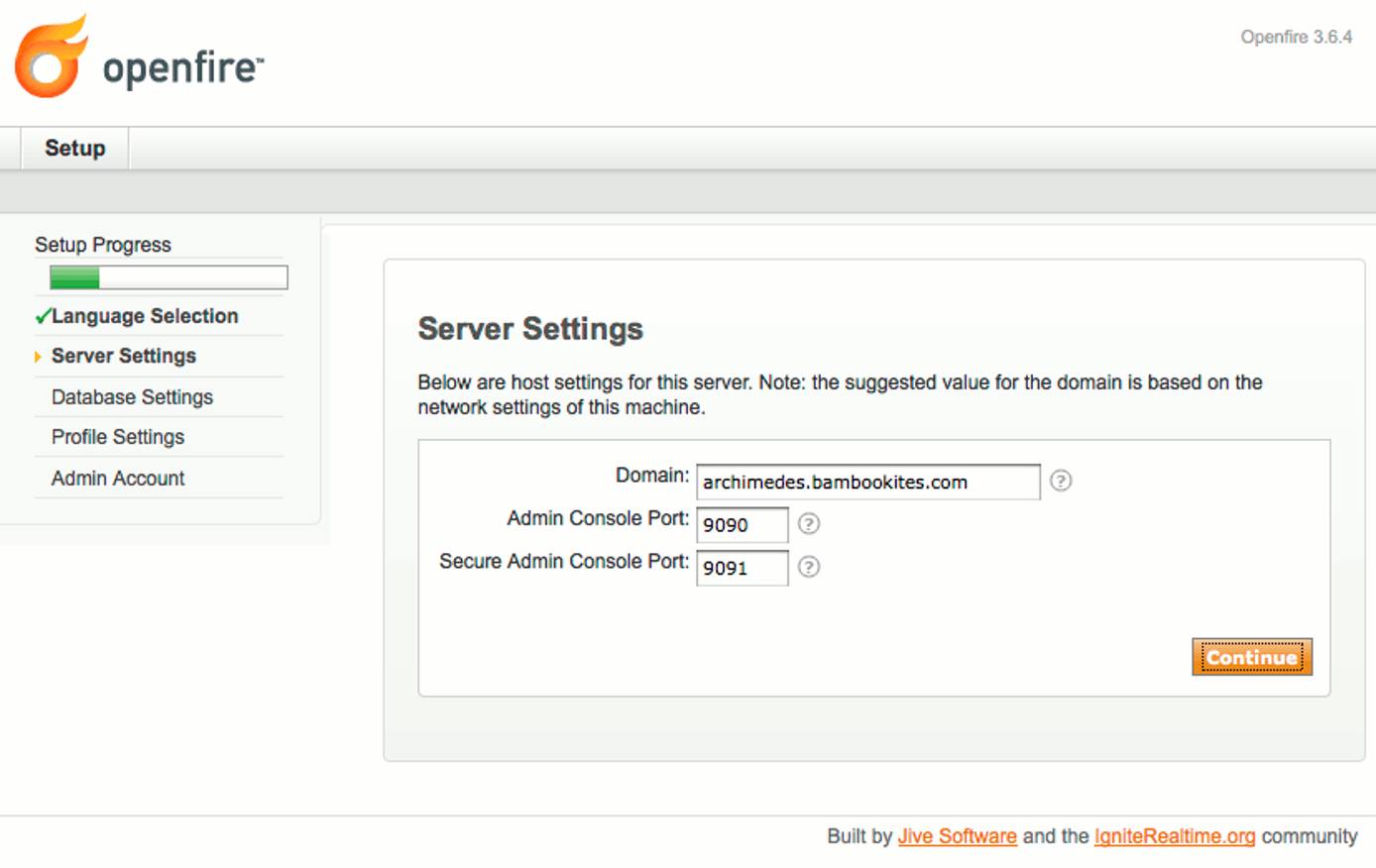 Domain and admin ports selection in Openfire setup on CentOS 5. Domain and admin ports selection in Openfire setup on CentOS 5.