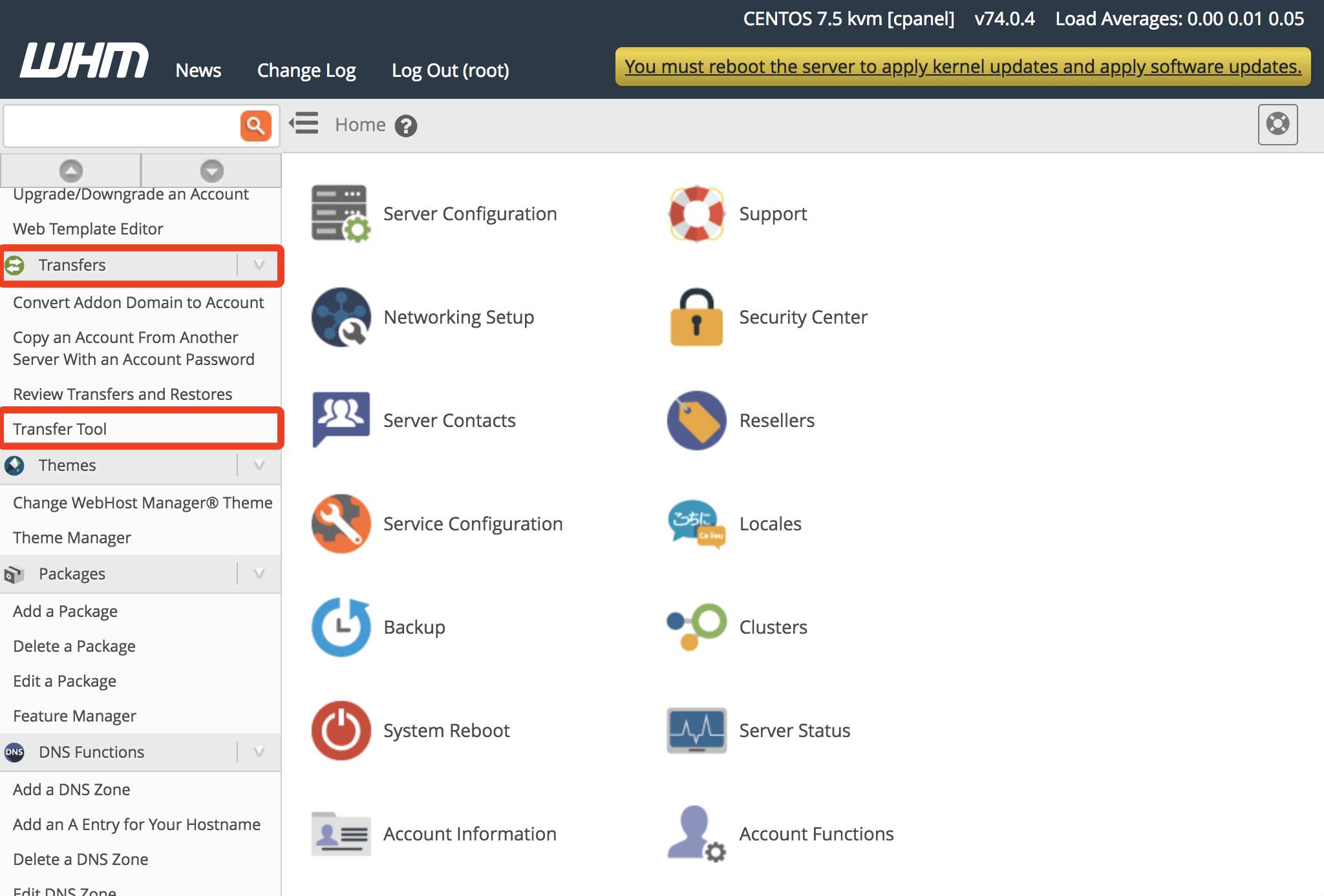 WHM Dashboard - Transfer Tool menu option location. WHM Dashboard Transfer Tool Menu Option