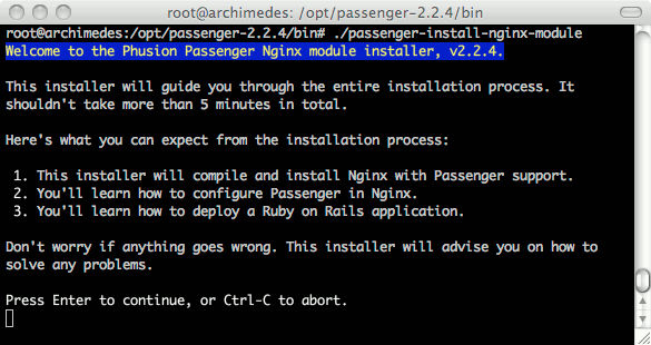 Phusion Passenger nginx installer program running on Debian 7 (Wheezy). Phusion Passenger nginx installer program running on Debian 7 (Wheezy).