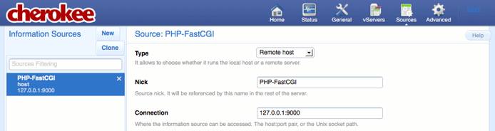 A newly created information source on the Sources page of the Cherokee admin panel on Fedora 13.