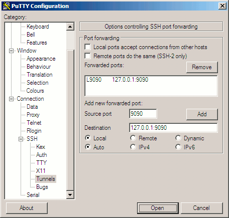 Configuring an SSH tunnel for Cherokee administration in PuTTY. Configuring an SSH tunnel for Cherokee administration in PuTTY.